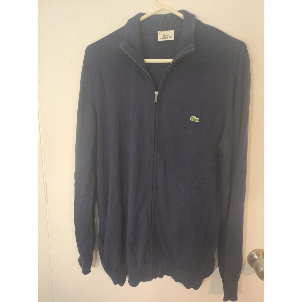 Lacoste Mens Navy Cardigan Cotton Knit Full Zip Sweater Logo F5178 Size 6